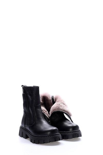 Ayakkabıhane Fur Inside and Genuine Leather Outside Black Unisex Children's Thick Sole Boots Ah08612116116447