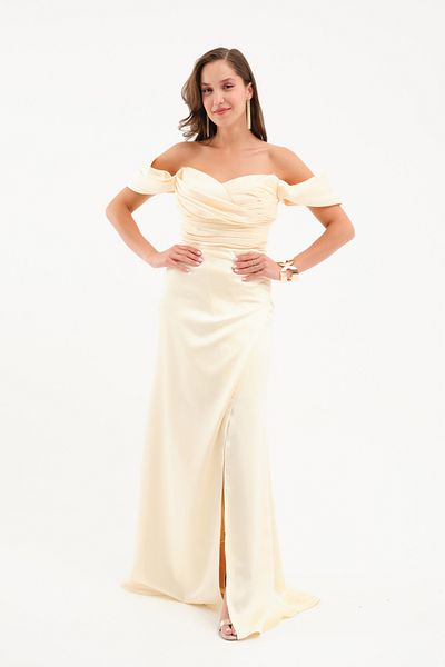 Lafaba Women's Yellow Boat Neck Slit Promise Engagement Wedding Evening Dress