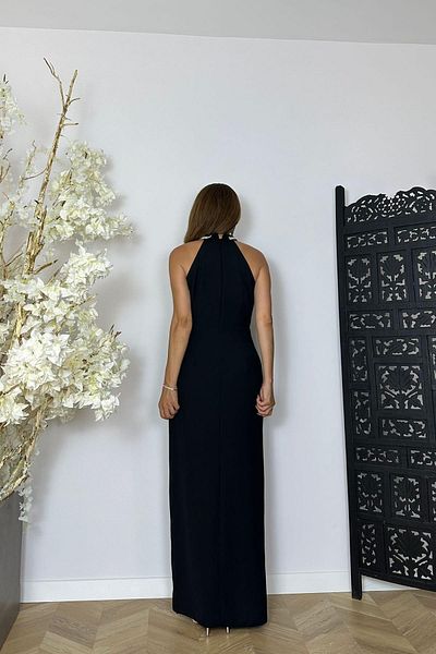 gesmoda G1473 Halter Neckline Evening Dress with Stone and Drape Detail Black