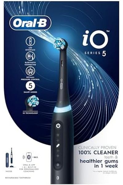 Oral-B فرشاة أسنان أورال بي iO5 Series 5 الكهربائية القابلة لإعادة الشحن، مزودة بالذكاء الاصطناعي، وتحكم مثالي في الضغط، ومؤشر LED I