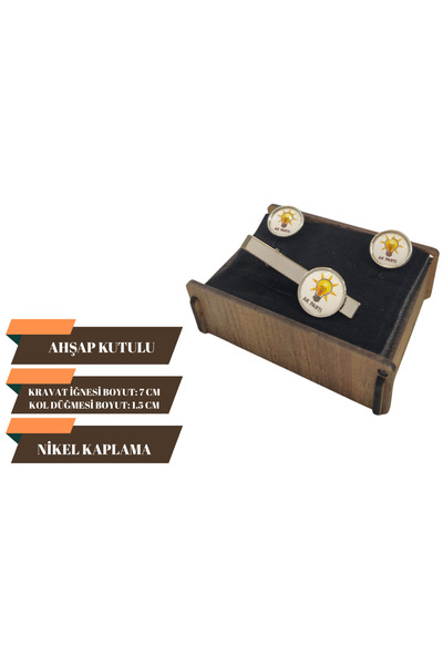 Elegante Cravatte AKP Logolu Ahşap Kutulu Kravat İğnesi ve Kol Düğmesi Seti