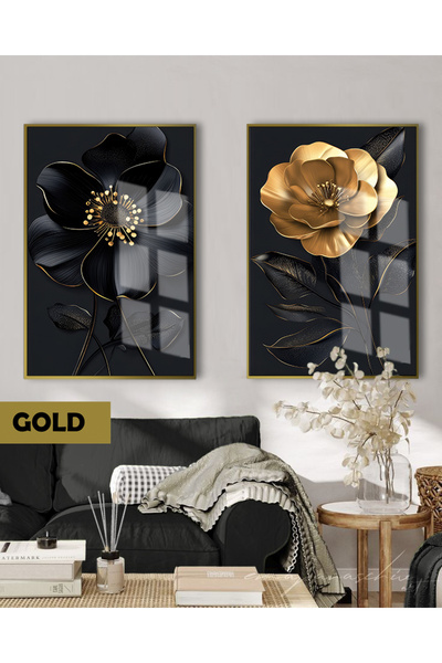 Harikabirev HARİKABİREV | SET NEGRU & GOLD MACRO MANOLYA | TABLO CU CADRU DIN STICLA 2 PIESĂ VERTICALĂ