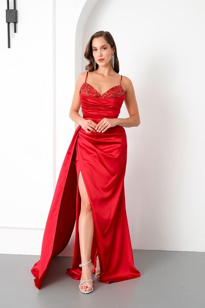 Lafaba Women's Red Chest Embroidered Long Satin Evening Dress