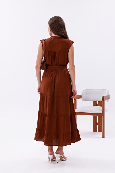 Pulli Collection Brown Viscose Belted Buttoned Layered Maxi Dress