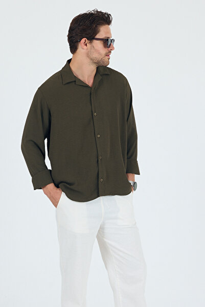 Trn JNS Khaki Summer Aerobin Linen Textured Oversize Men's Shirt