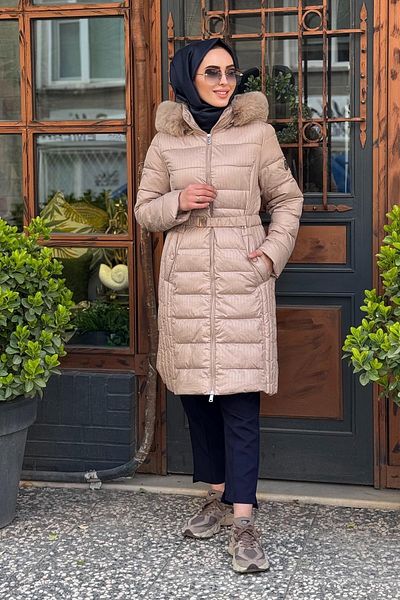 Kayra Faux Fur Hooded Anorak Coat Beige