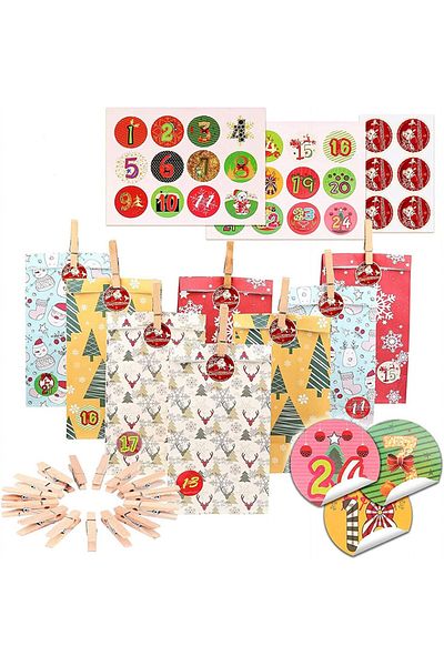 KATELUO Set of 24 bags with stickers and clips for Kateluo advent calendar, paper/wood, multicolor