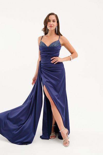 Lafaba Women's Navy Blue Chest Embroidered Long Satin Evening Dress