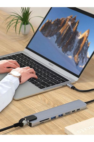NewEvo Adapter Hub USB Type-C 3.1 Multiport 8 in 1 to HDMI 4K, LAN RJ45 Ethernet, 1 x USB Type-C, 2 x USB-A