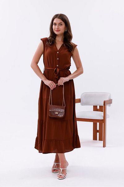 Pulli Collection Rochie maxi maro cu curea din viscoză, cu nasturi