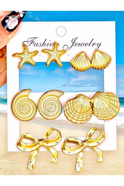 La Saade Ocean Luxe Set-Starfish Seashells Bow Five-Piece Earring Set