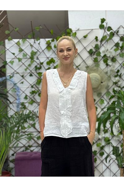 Punta Otantik Nc17461 Italian Sleeveless Ruffle Linen Blouse White
