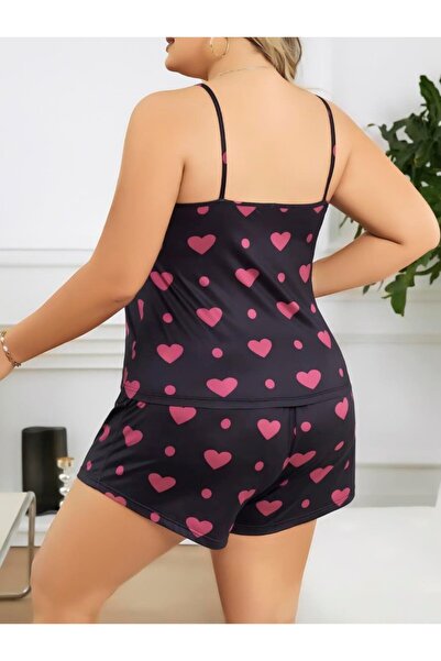Aria's Closet Arias Closet Plus Size Black Heart Pattern Thin Strap Cotton Shorts Pajama Set
