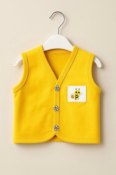 Magu Unisex Baby Cotton Yellow Bee Patterned Snap Fastener Vest - Flower Button Detail