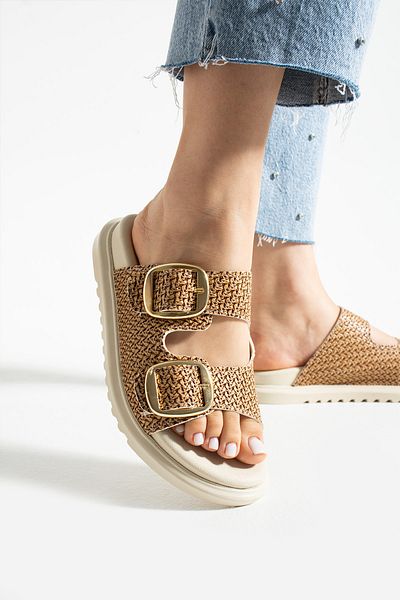 Güllü Shoes Women's Straw Detailed Double Buckle Soft Sole Sandals – Comfortable Orthopedic Summer Slippers