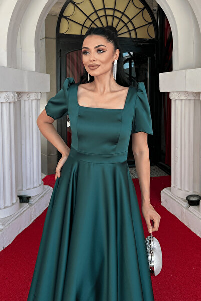 giyimmasalı Satin Fabric Square Neck Balloon Sleeve Midi Dress - Emerald Green