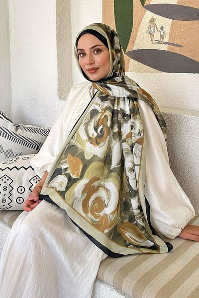 lamelif Μοτίβο λουλουδιών Βαμβακερό σάλι Mint Green