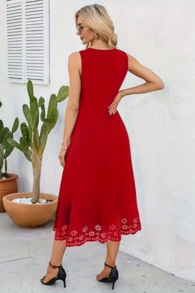 Mossta Laser Cut Floral Patterned Midi Dress with Hem - Red