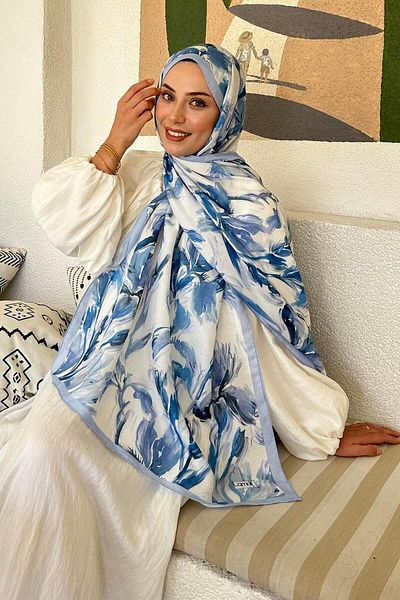 lamelif Μαλακό σάλι με μοτίβο λουλουδιών Baby Blue