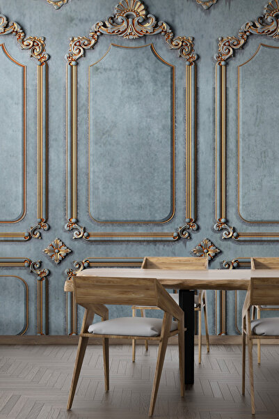 dreamwall Klasik Mavi ve Altın Sütun Çerçeve Vintage Desenli Duvar Kağıdı