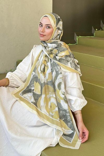 lamelif Flower Pattern Cotton Shawl Yellow