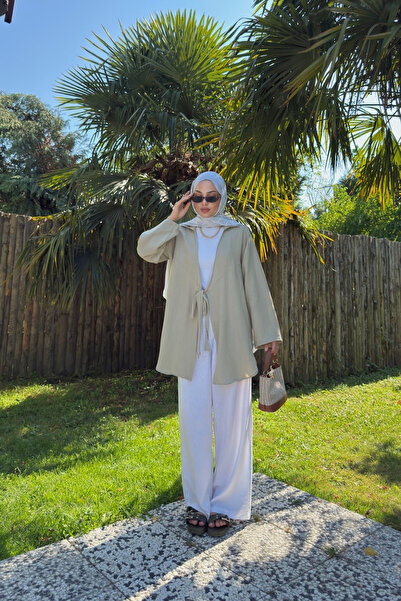 Yefrastore Women's Mildew Green Tie Detail Flam Linen Kimono