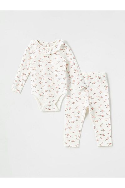 LC Waikiki Lcw Baby Crew Neck Long Sleeve Floral Baby Girl Snap Closure Bodysuit and Leggings 2-Piece