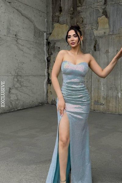 Mossta Heart Neckline Slit Sequined Evening Dress - Turquoise