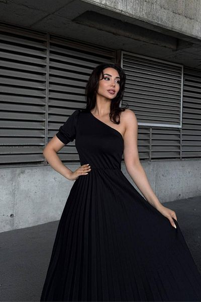Mossta One Shoulder Pleated Long Evening Dress - Black
