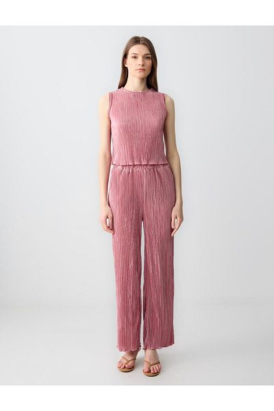 Jimmy Key Dusty Rose Slim Fit Round Neck Pleated Knitted Blouse