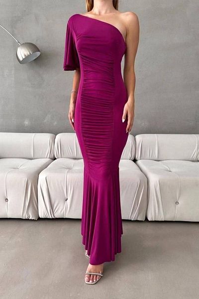 Mossta One Shoulder Flywheel Sleeve Long Evening Dress - Plum