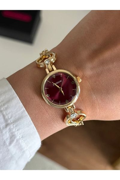 RoseandRoses Loven Special Design Dial Vintage Heart Detail Women's Wristwatch Gold (Burgundy Dial)
