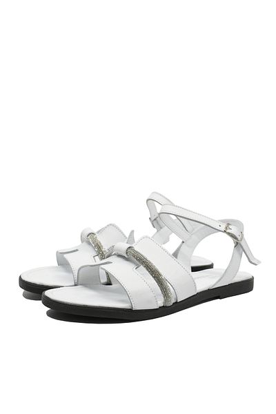 Dogati Low Sandals with Rhinestones, White, Made of Leather