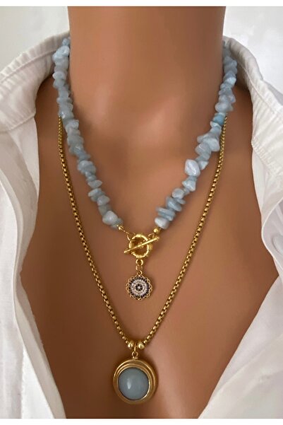 TARZ-I TAKI ( 2 Kolye ) Çelik Zincir Ve Doğal Taş Buz Mavi Akuamarin Taşı Altın Kaplama Çerçeveli Kadın Kolye
