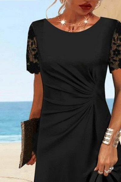 Mossta Round Neck Lace Sleeves Waist Gathered Viscose Dress - Black