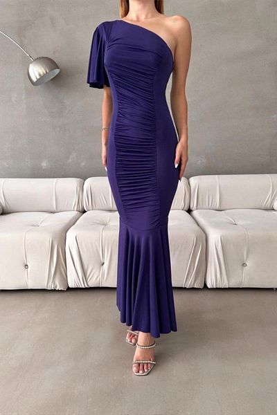 Mossta One Shoulder Flywheel Sleeve Long Evening Dress - Purple
