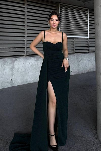 Mossta Strappy Sweetheart Neckline Slit Evening Dress - Green