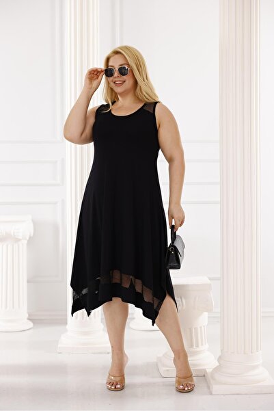 Siyezen Plus Size Mesh Detailed Asymmetry Cut Dress