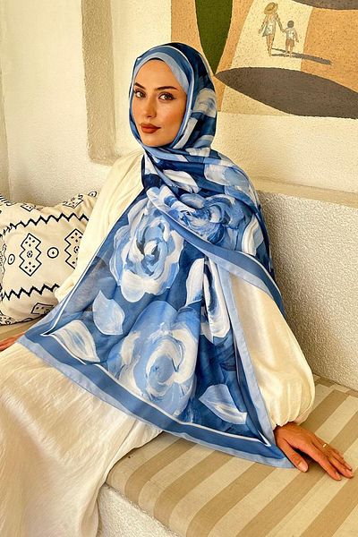 lamelif Şal din bumbac cu model de flori Baby Blue