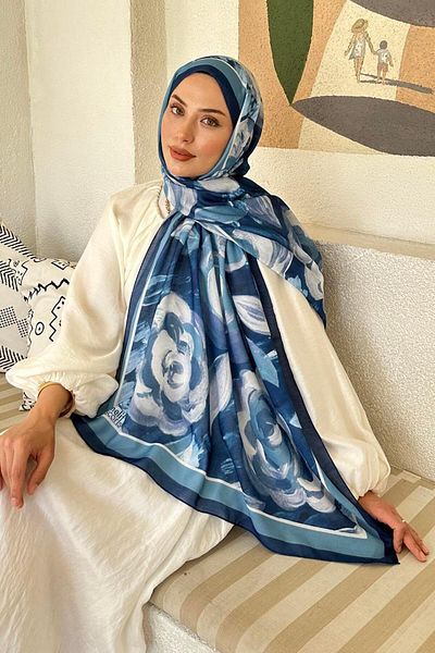 lamelif Flower Pattern Cotton Shawl Midnight Blue