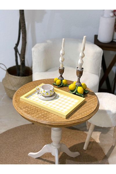 DEKORMED Yellow Plaid Patterned Wooden Presentation Tray