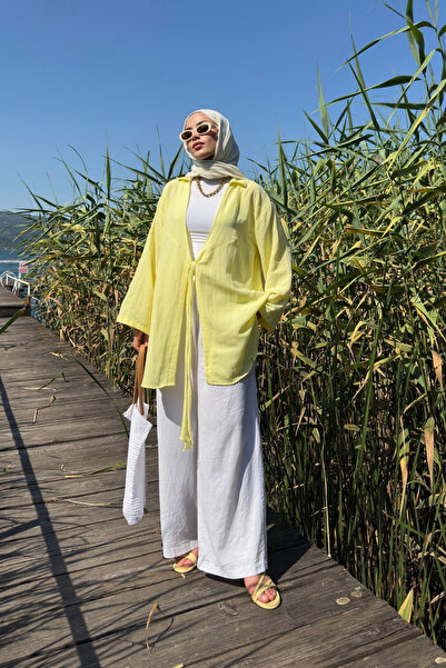 Yefrastore Women's Butter Yellow Binding Detailed Flam Linen Kimono