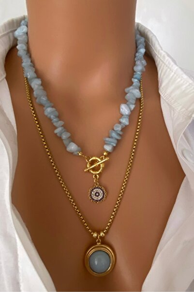 TARZ-I TAKI ( 2 Kolye ) Çelik Zincir Ve Doğal Taş Buz Mavi Akuamarin Taşı Altın Kaplama Çerçeveli Kadın Kolye