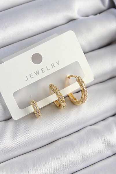 Genel Markalar BFS Pirinç Zirkon Taşlı Halka Model Gold Renk 3'lü Çift Kadın Küpe Set