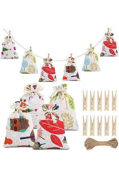 Hamoom Set of 24 bags with stickers and clips for HAMOOM advent calendar, textile/paper/wood, multicolor