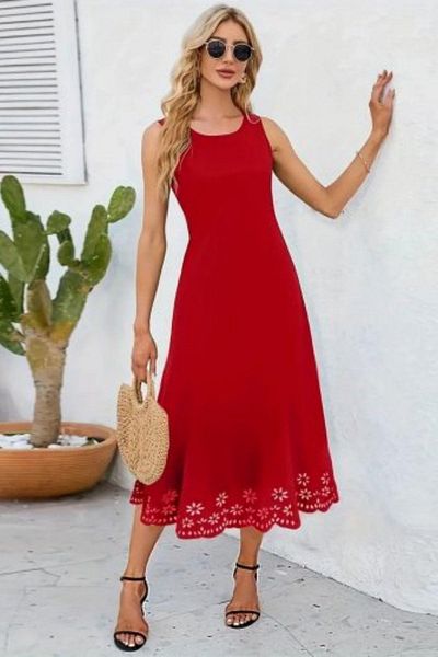 Mossta Laser Cut Floral Patterned Midi Dress with Hem - Red