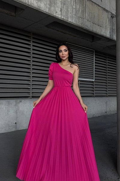 Mossta One Shoulder Pleated Long Evening Dress - Fuchsia