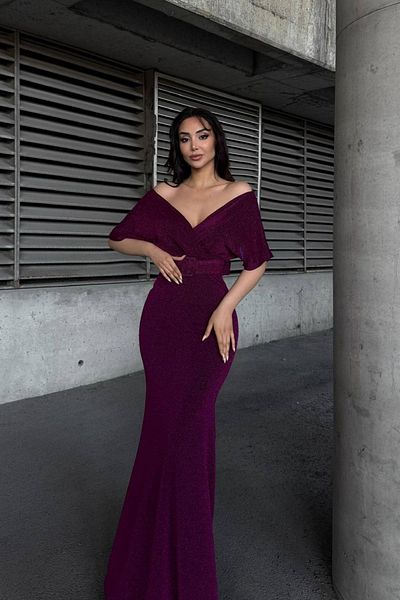 Mossta V-Neck Glitter Belted Flowers Long Evening Dress - Plum
