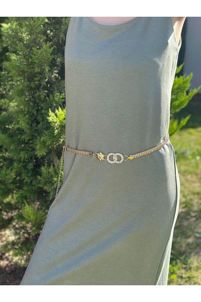 Gönülden Tasarım Kalkaali Zircon Stone Gold Yellow Chain Women's Belt 120 cm