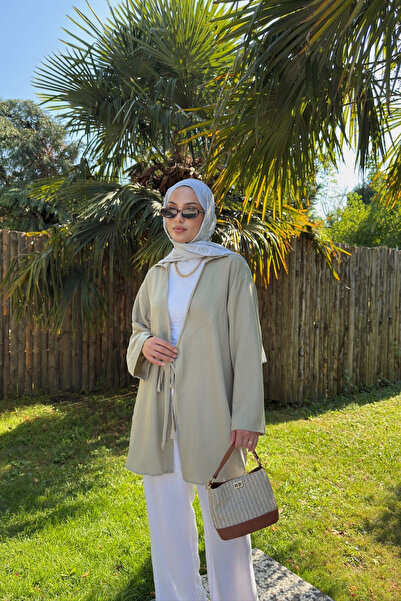 Yefrastore Women's Mildew Green Tie Detail Flam Linen Kimono